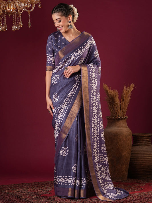 Purple Violet Sungudi Silk Blend Printed Saree