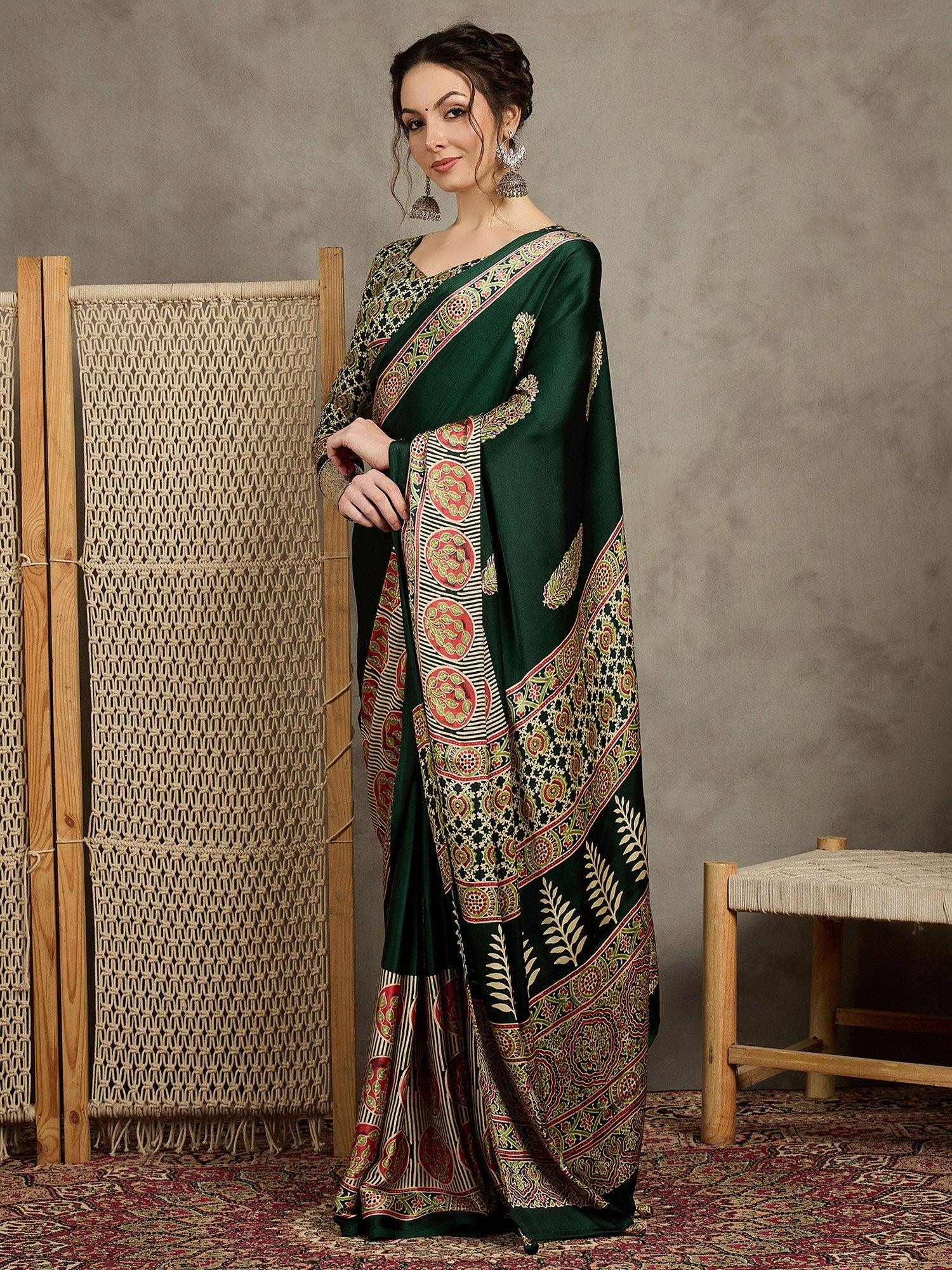 Green Block Print Pure Crepe Printed Saree
