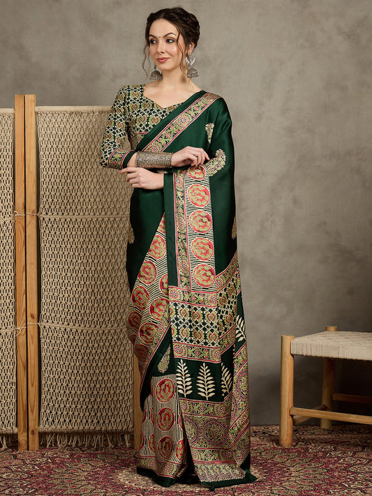 Green Green Block Print Pure Crepe Printed Saree
