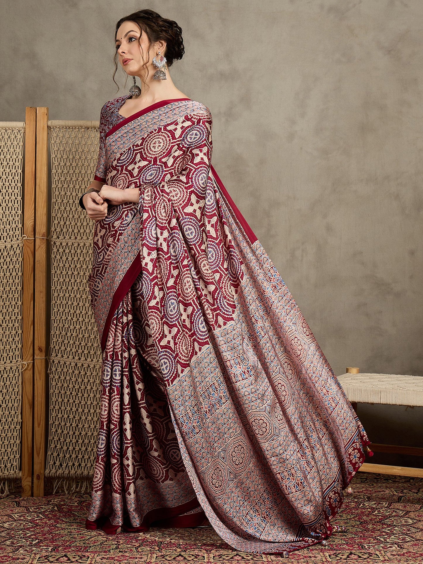 Maroon Block Print Pure Crepe Printed Saree