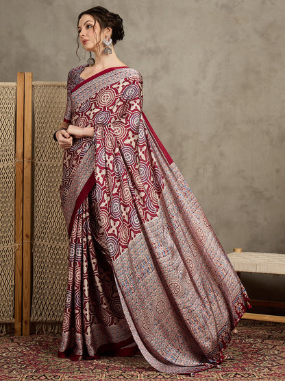 Maroon Block Print Pure Crepe Printed Saree