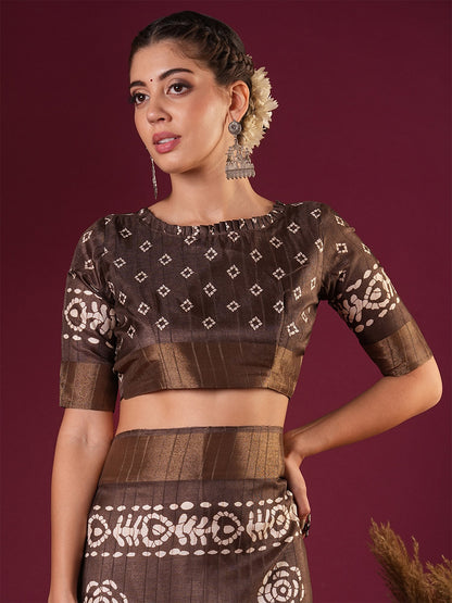 Brown Sungudi Silk Blend Printed Saree