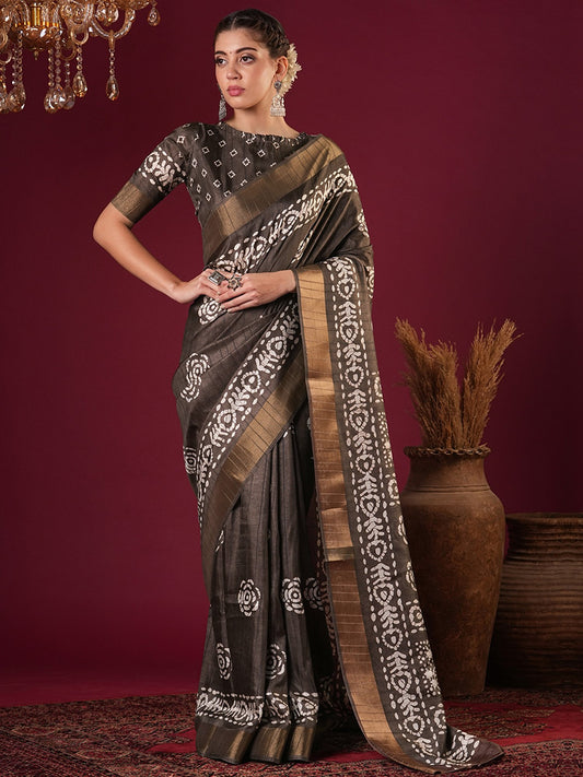 Brown Brown Sungudi Silk Blend Printed Saree