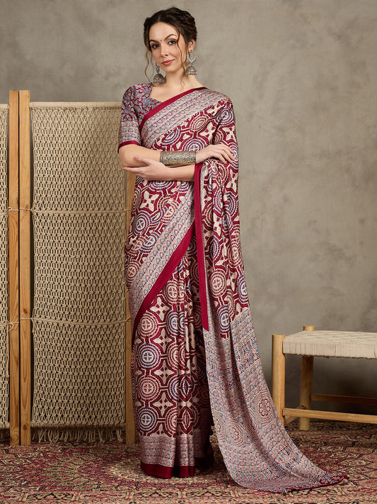 Maroon Maroon Block Print Pure Crepe Printed Saree
