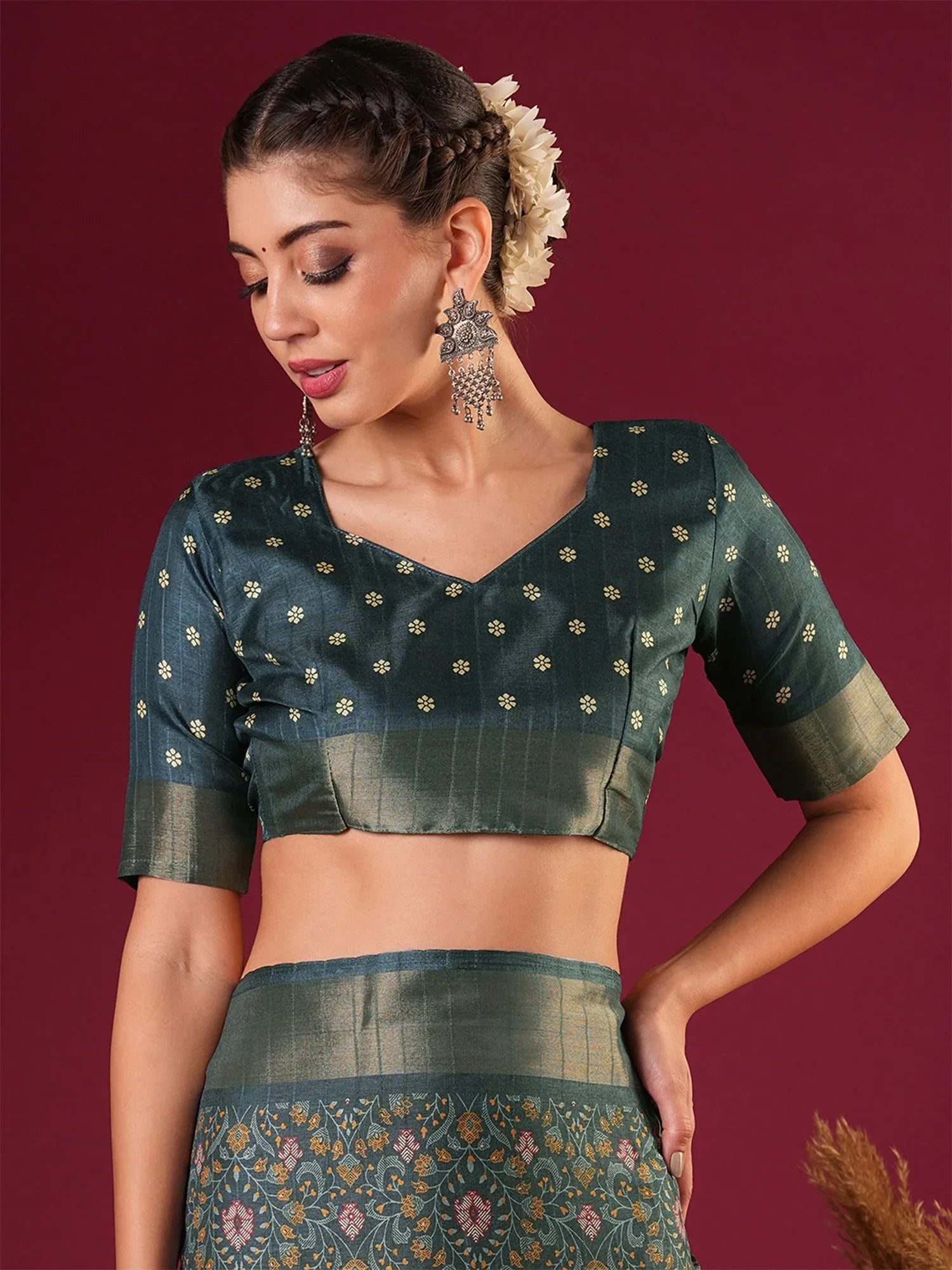 Teal Sungudi Silk Blend Printed Saree