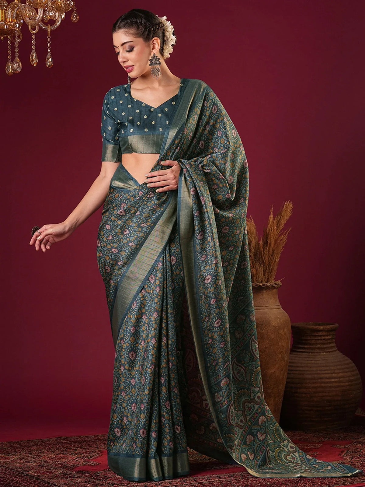 Blue Teal Sungudi Silk Blend Printed Saree