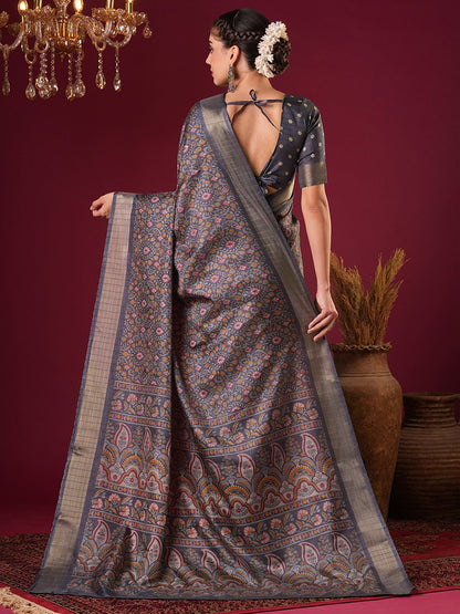 Grey Sungudi Silk Blend Printed Saree
