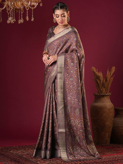 Mauve Sungudi Silk Blend Printed Saree