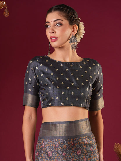 Grey Sungudi Silk Blend Printed Saree