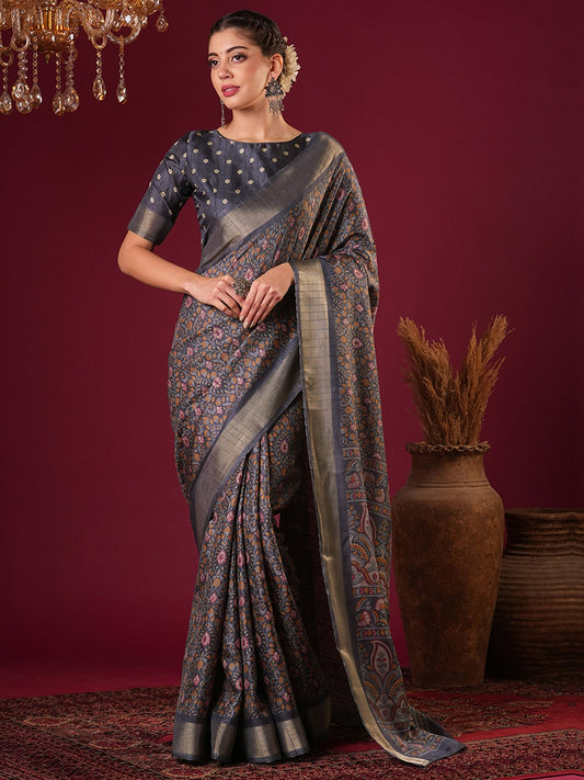 Grey Grey Sungudi Silk Blend Printed Saree