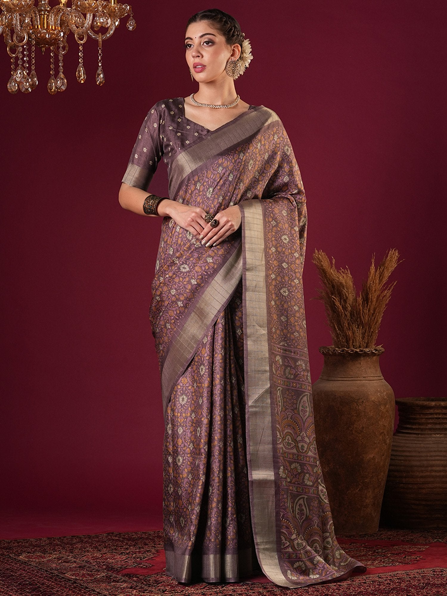 Purple Mauve Sungudi Silk Blend Printed Saree