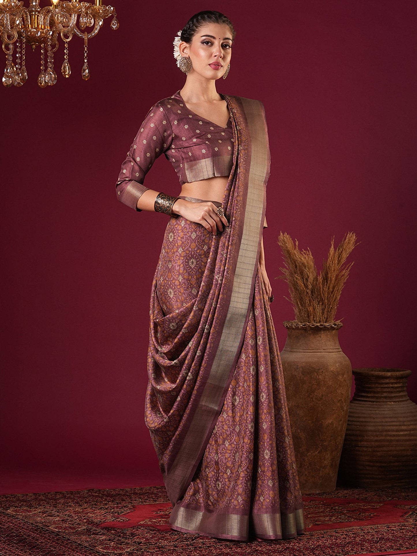 Rose Sungudi Silk Blend Printed Saree