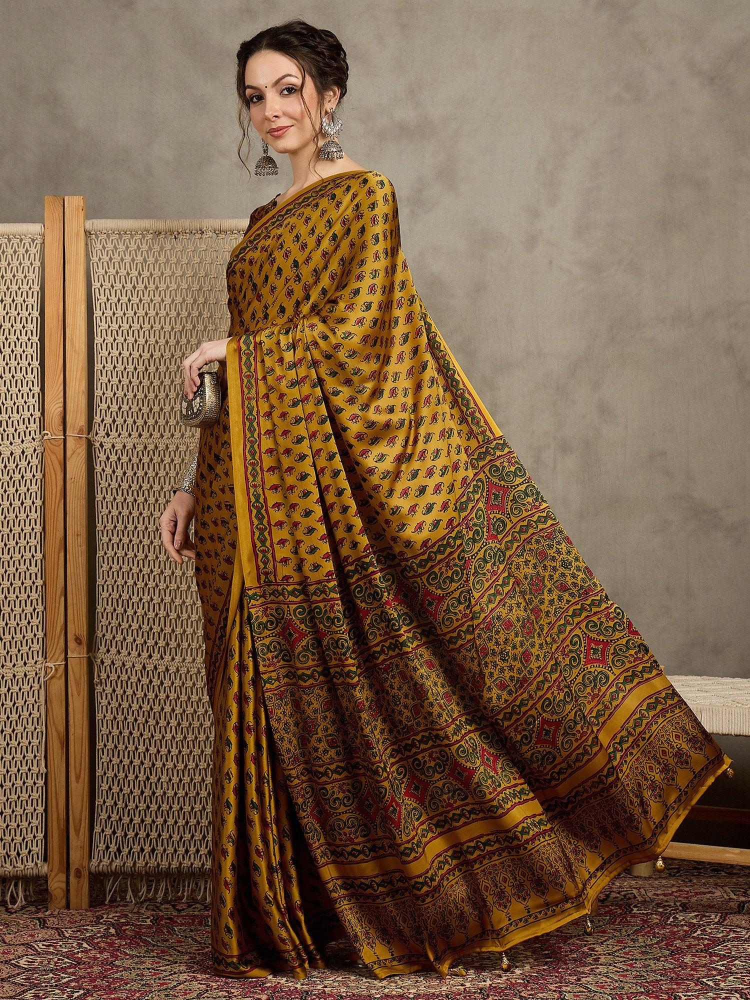 Mustard Block Print Pure Crepe Printed Saree