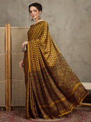 Mustard Block Print Pure Crepe Printed Saree