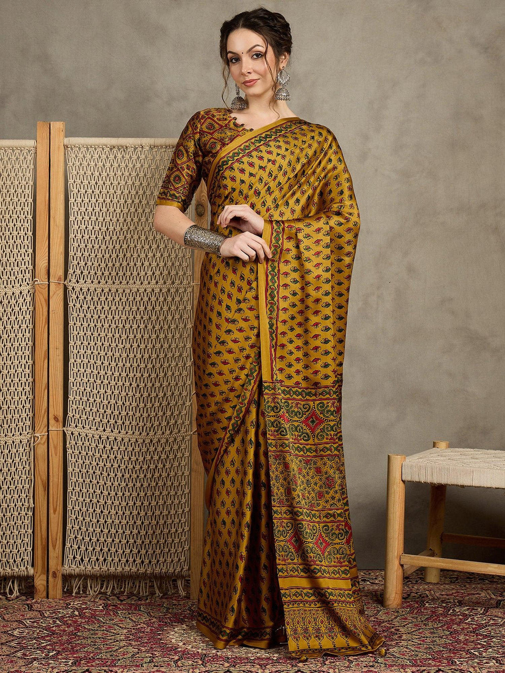 Yellow Mustard Block Print Pure Crepe Printed Saree