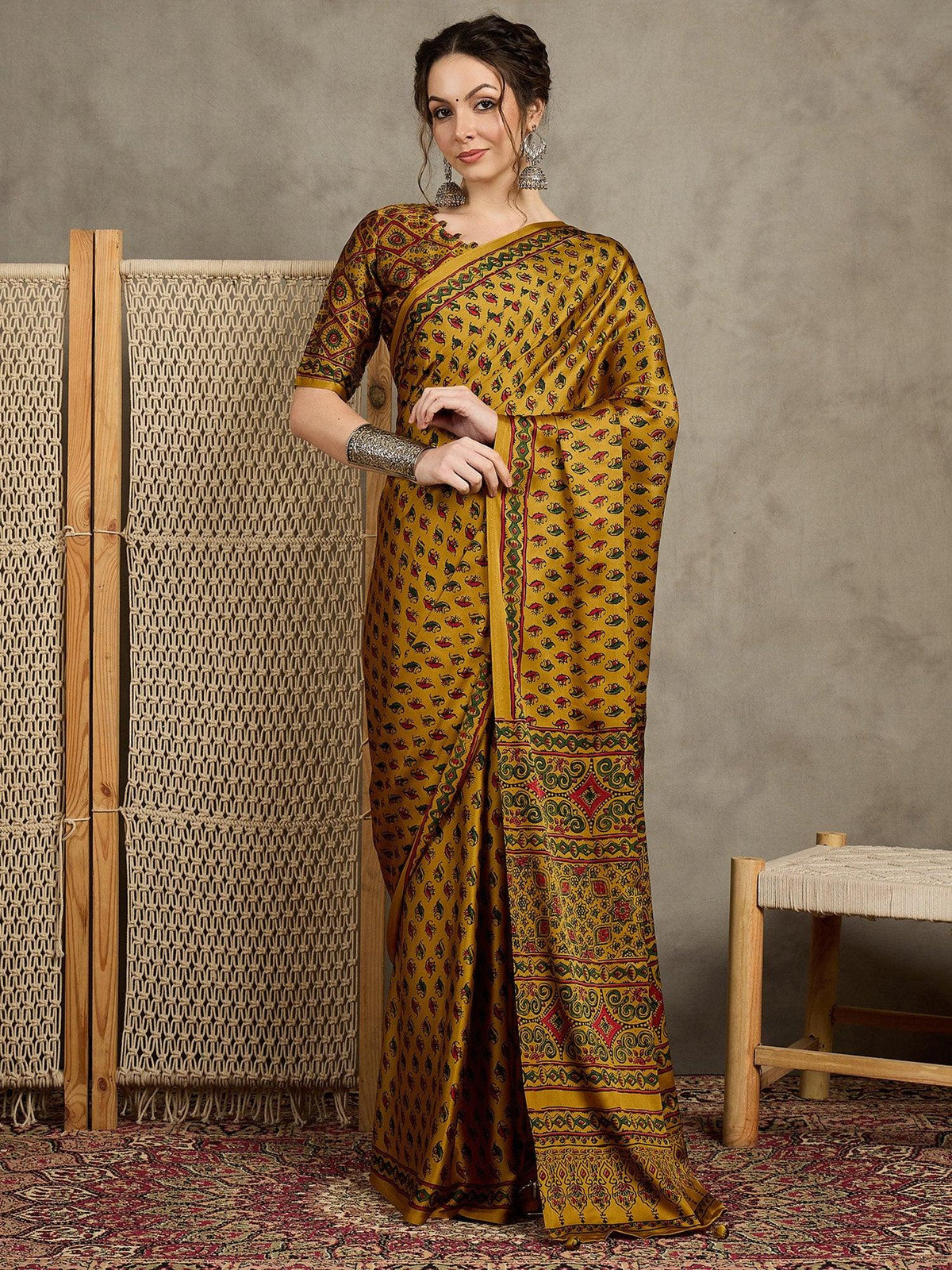 Yellow Mustard Block Print Pure Crepe Printed Saree