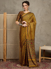 Yellow Mustard Block Print Pure Crepe Printed Saree