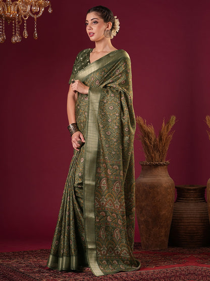 Olive Sungudi Silk Blend Printed Saree