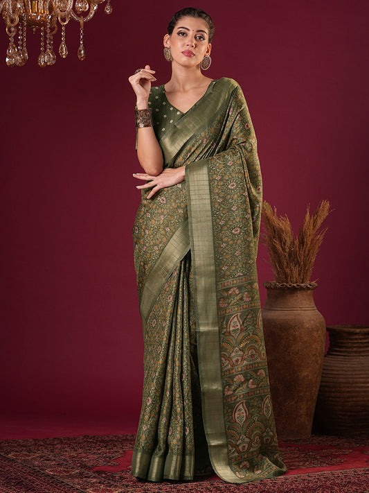 Green Olive Sungudi Silk Blend Printed Saree