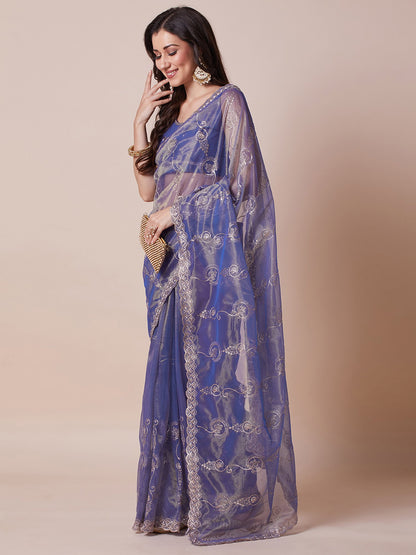 Violet Party Wear Net Embroidered Saree