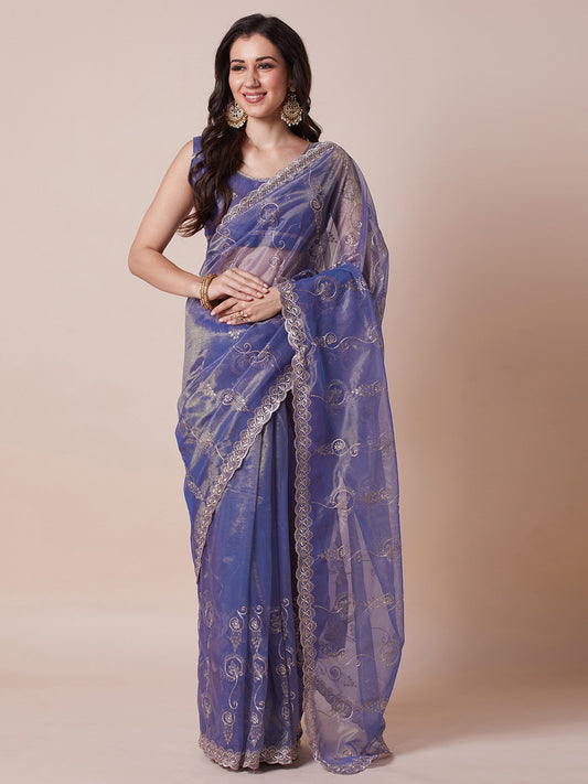 Purple Violet Party Wear Net Embroidered Saree