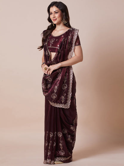 Burgundy Party Wear Net Embroidered Saree
