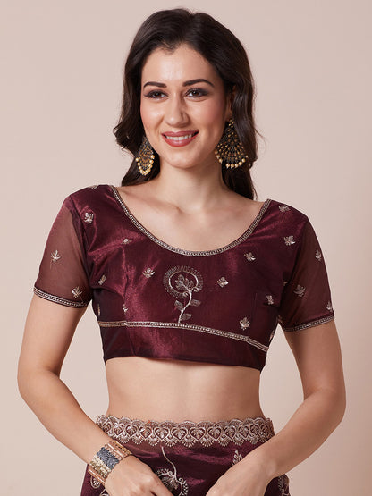 Burgundy Party Wear Net Embroidered Saree