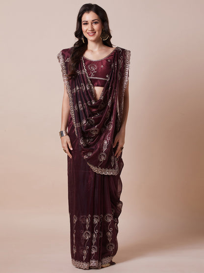 Purple Burgundy Party Wear Net Embroidered Saree