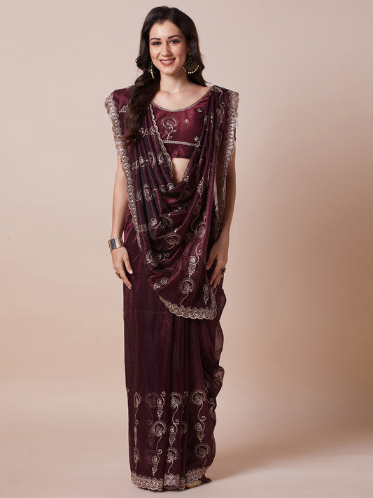Purple Burgundy Party Wear Net Embroidered Saree