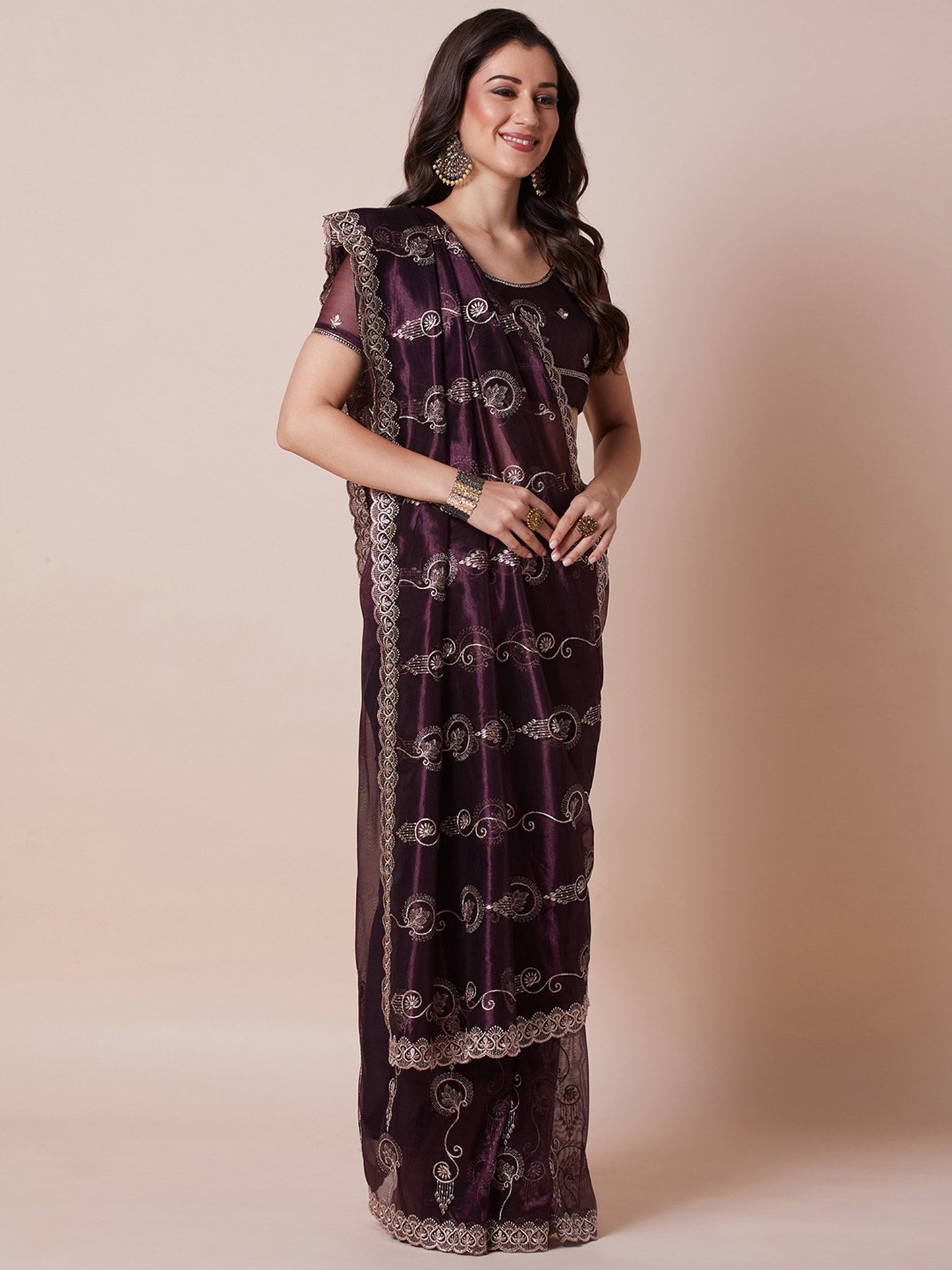 Purple Party Wear Net Embroidered Saree