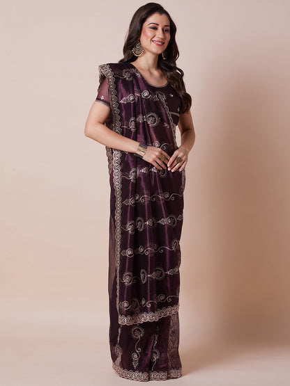 Purple Party Wear Net Embroidered Saree