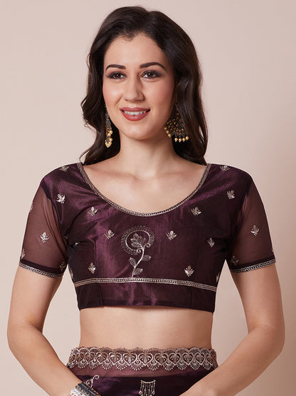 Purple Party Wear Net Embroidered Saree