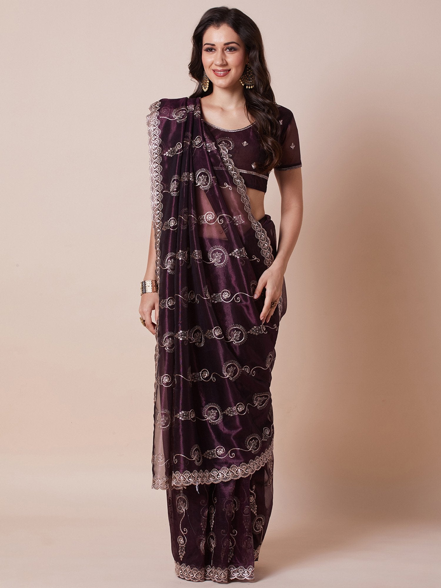 Purple Purple Party Wear Net Embroidered Saree