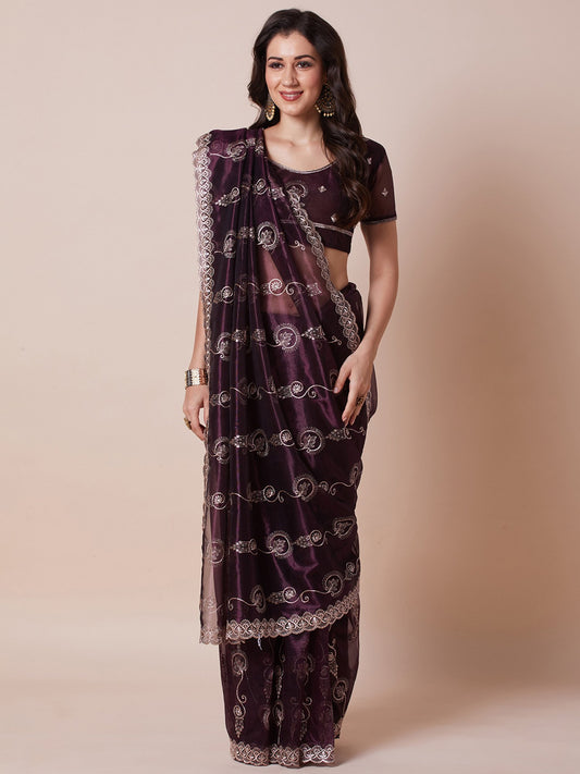 Purple Purple Party Wear Net Embroidered Saree