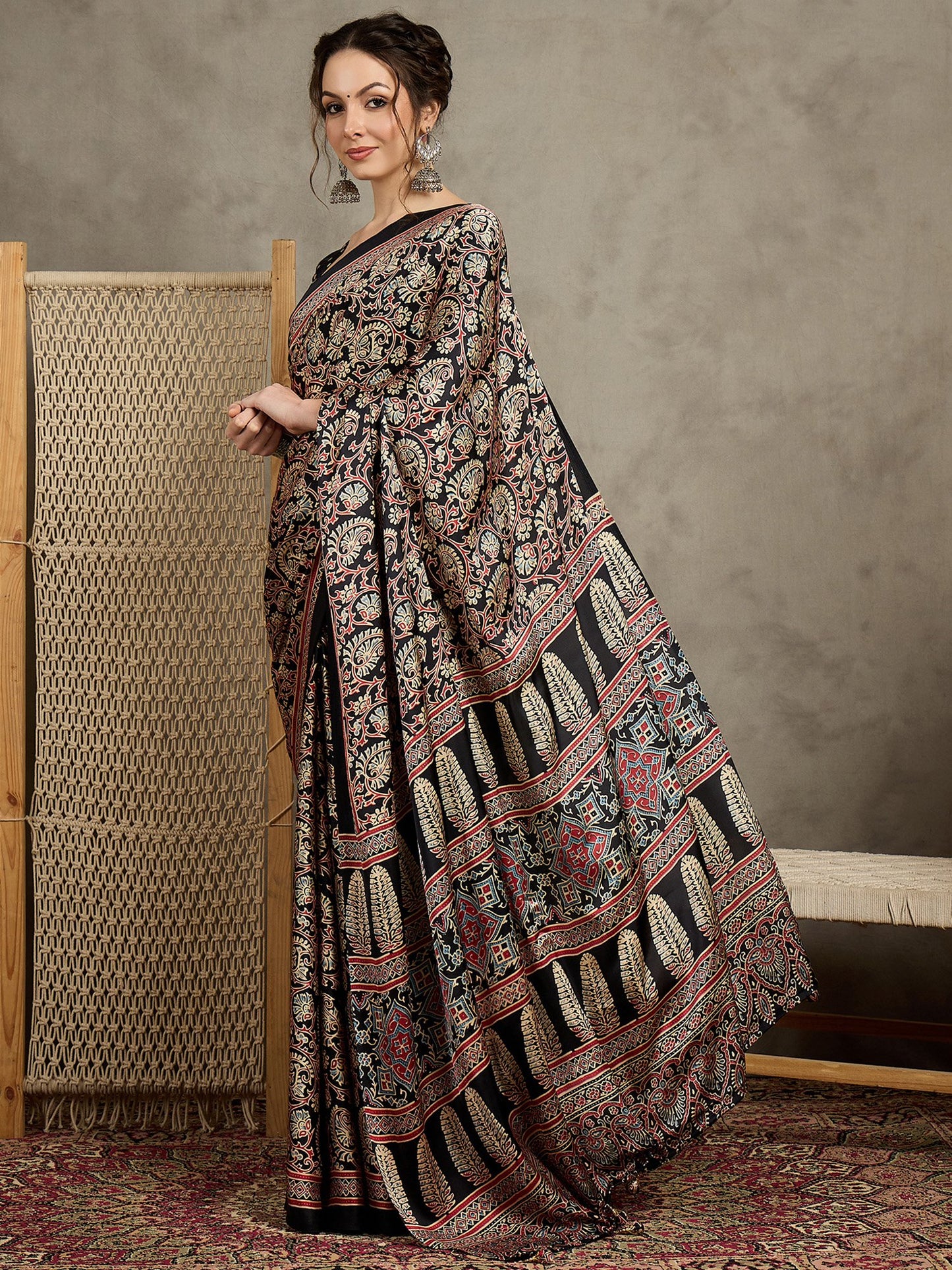Black Block Print Pure Crepe Printed Saree