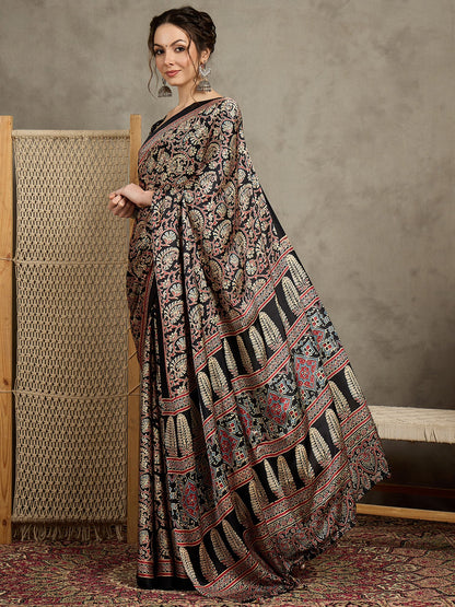Black Block Print Pure Crepe Printed Saree