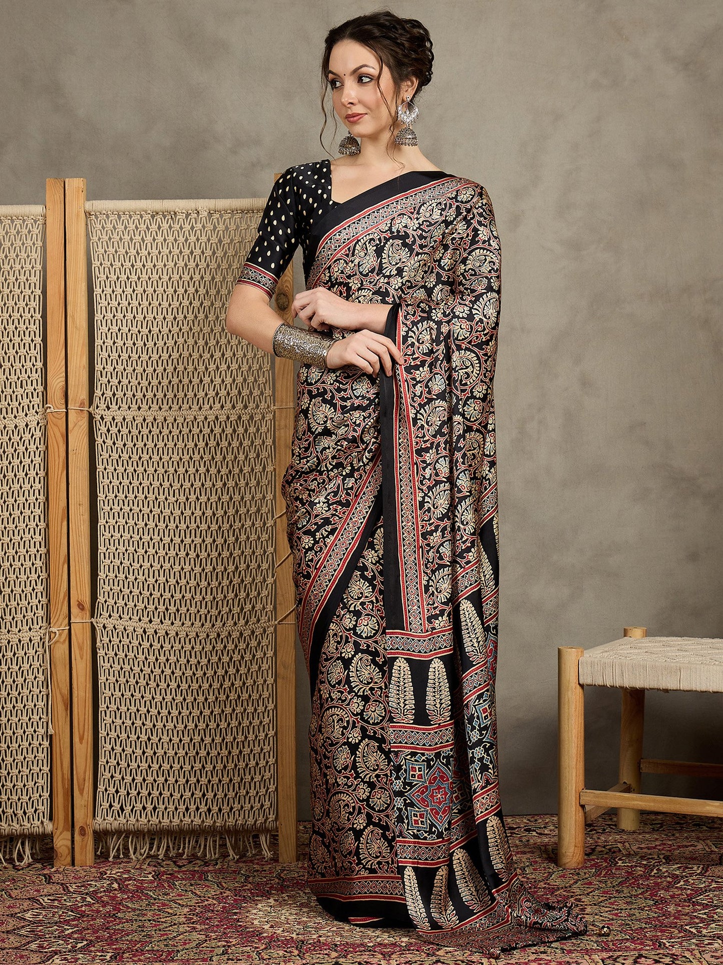 Black Black Block Print Pure Crepe Printed Saree