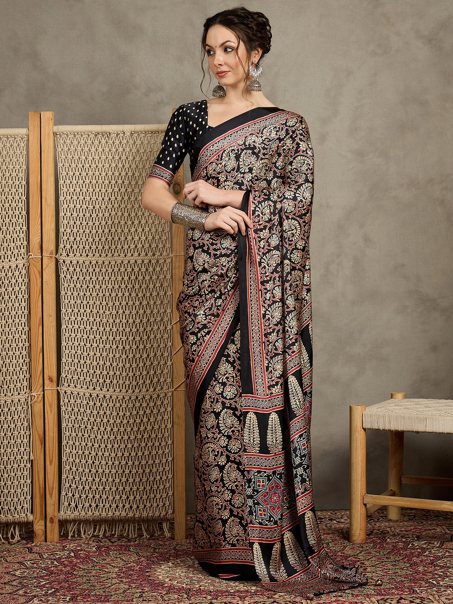 Black Black Block Print Pure Crepe Printed Saree