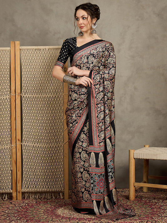 Black Black Block Print Pure Crepe Printed Saree
