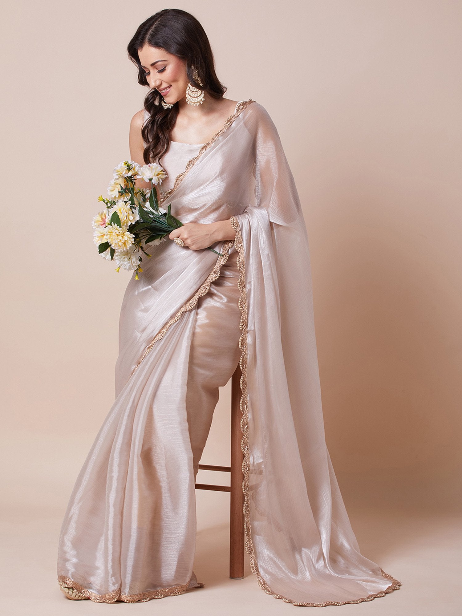 Cream Party Wear Organza Embellished Saree