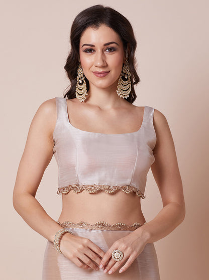 Cream Party Wear Organza Embellished Saree