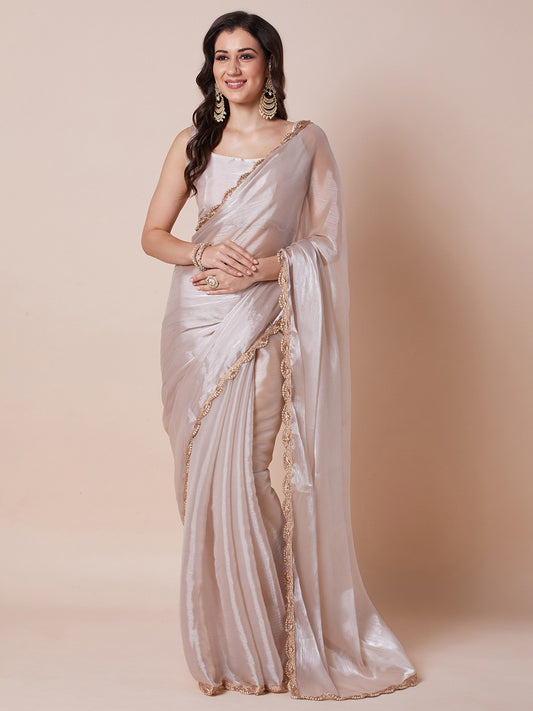 Cream Cream Party Wear Organza Embellished Saree