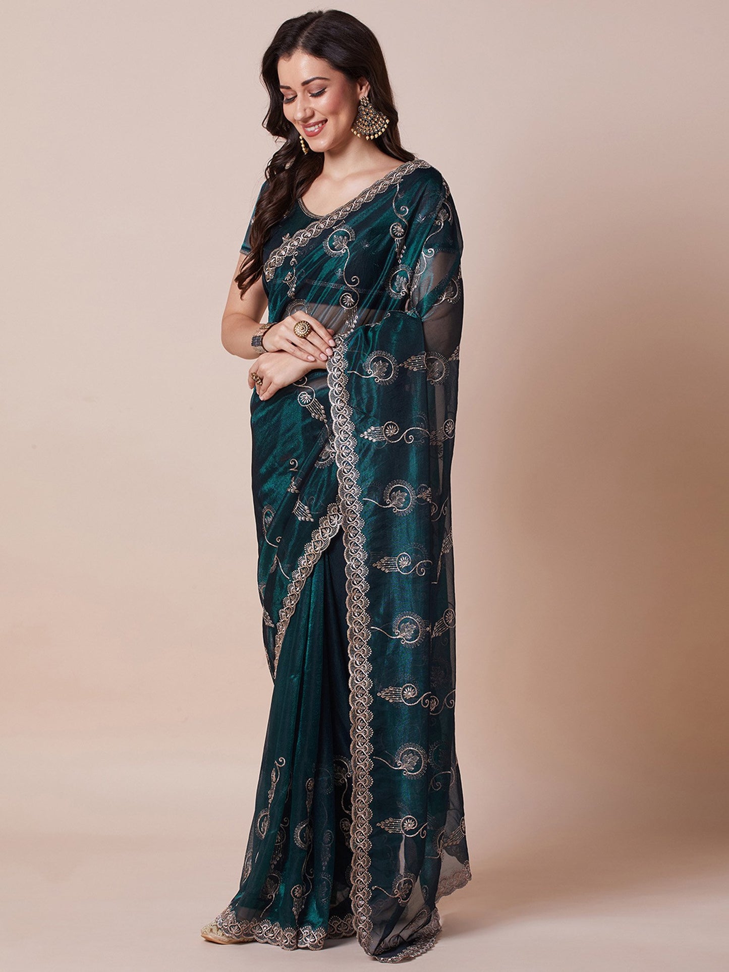 Teal Party Wear Net Embroidered Saree