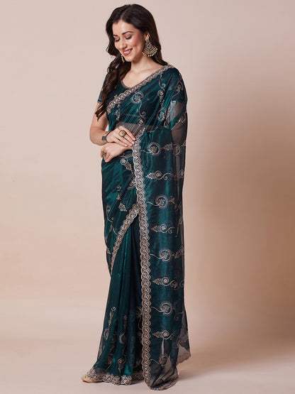 Teal Party Wear Net Embroidered Saree