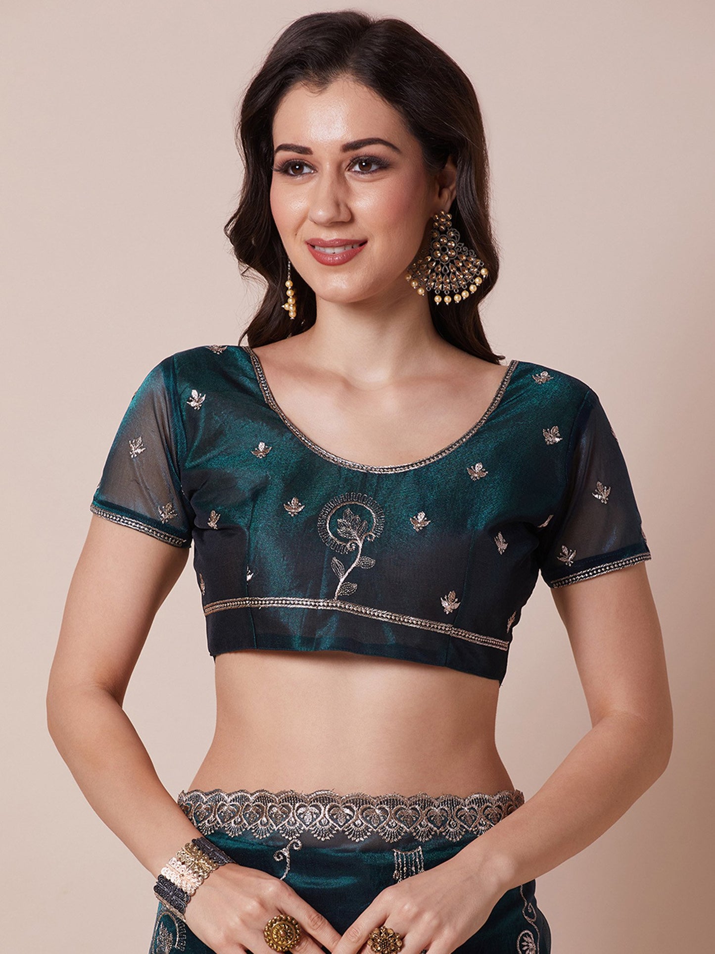 Teal Party Wear Net Embroidered Saree