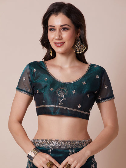 Teal Party Wear Net Embroidered Saree
