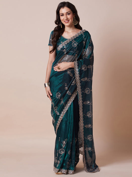 Blue Teal Party Wear Net Embroidered Saree