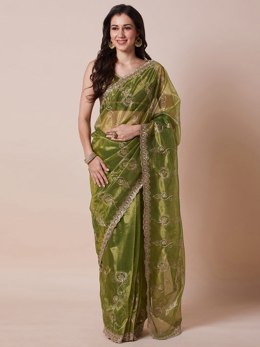 Green Light Party Wear Net Embroidered Saree