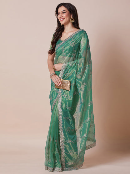 Teal Party Wear Net Embroidered Saree