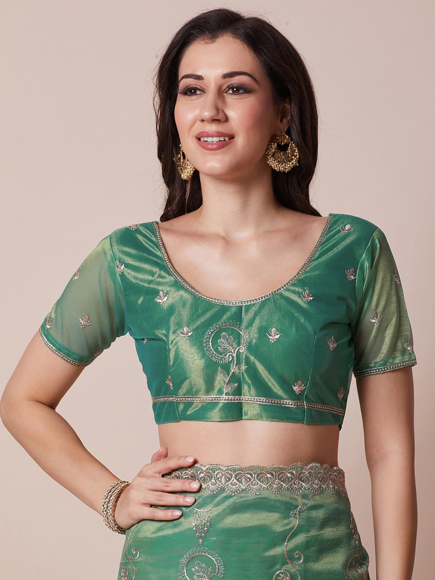 Teal Party Wear Net Embroidered Saree